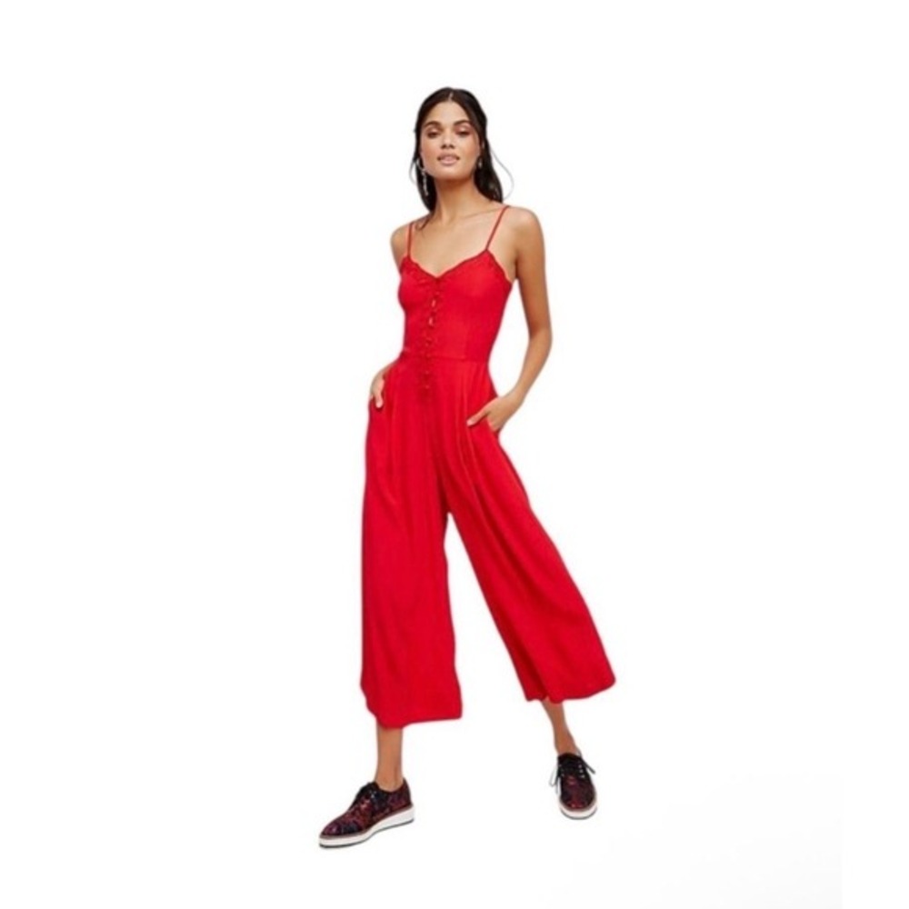 Free People Eileen Romper Red Wide Leg Jumpsuit Lace Trim V-Neck 0
